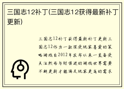 三国志12补丁(三国志12获得最新补丁更新)